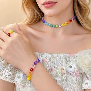Colorful dopamine style crystal beaded flower jewelry set with necklace bracelet and ring