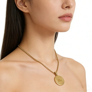 Collier en acier inoxydable plaqué or 18 carats avec pendentif médaille ronde zodiaque
