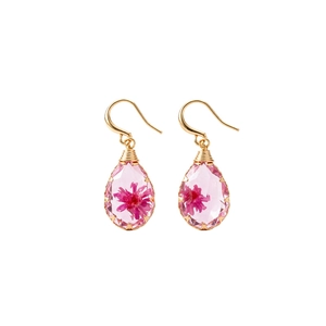 Elegant pink teardrop resin earrings with embedded dried flowers and gold hooks.