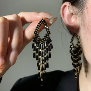 Vintage Geometric Square Tassel Drop Earrings With Silver Earring Post Copper Rhinestone Inlaid Fashion Jewelry For Women