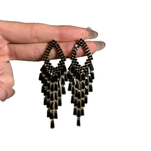 Elegant black zircon square fringe chandelier earrings with silver needles for women