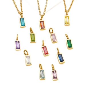 Gold stainless steel necklaces with rectangular multi-color birthstone zircon pendants
