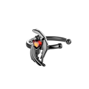 Black gothic angel wings ear cuff featuring a vibrant red heart zircon, unisex jewelry.