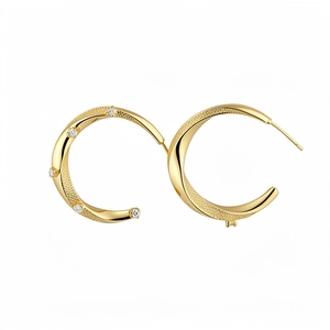 Elegant 18k gold plated C-shaped stud earrings with inlaid zircons and twisted texture