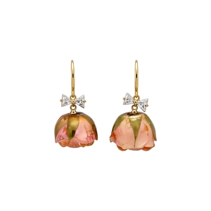Elegant gold zircon bow earrings with preserved pink rose flower buds