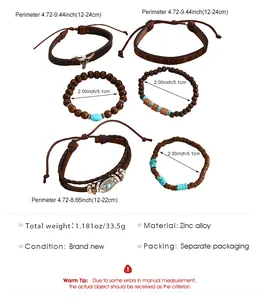 Detailed size chart for bohemian beaded bracelets with turquoise and wood beads measurements