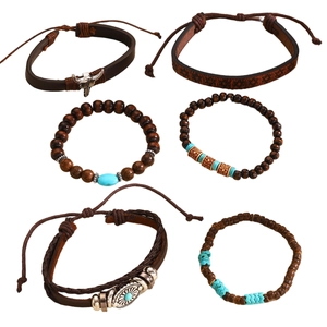 Detail of 6-piece bohemian men's bracelet set with leather, wood beads, and turquoise