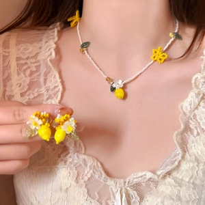 Handmade yellow resin lemon and flower necklace and earrings set for beach vacation