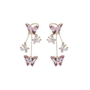 Clips d'oreilles papillon élégants en métal doré avec zircons roses et brillants