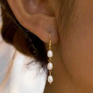 Triple Freshwater Pearl Dangle Earrings Stainless Steel 18K Gold Plated Waterproof Long Drop Elegant Jewelry For Women