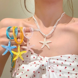 Sweet Resin Starfish Pendant Necklace Vacation Summer Beach Snow Yarn Rope Choker Necklace for Women Jewelry Gift