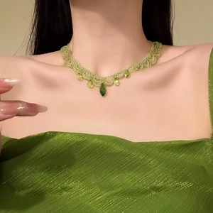 Handmade Glass Beaded Lace Necklace For Women Stainless Steel Clavicle Chain Vintage Ethnic Water Drop Pendant Choker Jewelry