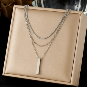 Three-layer silver stainless steel necklace with snake chain and bar pendant