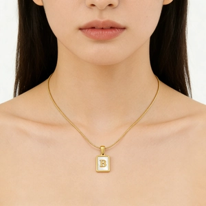 Initial Alphabet Necklace Stainless Steel Mother Of Artificial Pearl Rectangle Pendant Snake Chain 18K Gold Plated Jewelry Women
