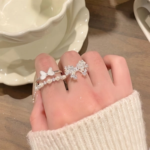 Korean Style Silver Alloy Double Butterfly Bowknot Ring With Artificial Pearl Rhinestone For Women Elegant Fairy Ring