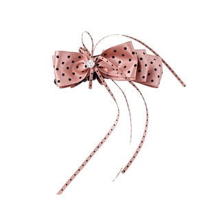 Pince à cheveux élégante à nœud rose à pois avec longs rubans et strass