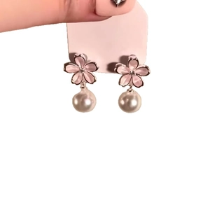 Elegant pink flower stud earrings with white pearl drop pendants for women jewelry