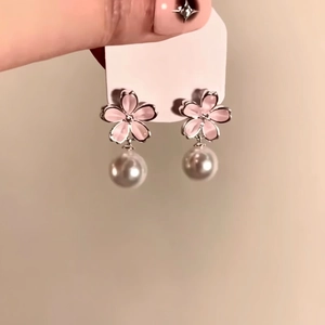 Elegant pink flower stud earrings with hanging white pearls, chic jewelry for women