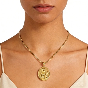 Virgin Mary Madonna Child Pendant Necklace 18K Gold Plated Stainless Steel 3D Relief Religious Jewelry For Men Women