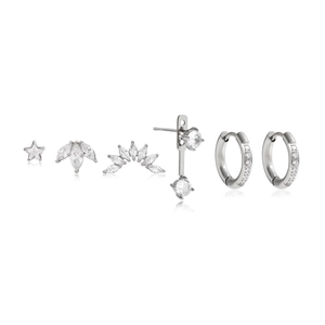6-piece set of stainless steel earrings with white cubic zirconia in various designs