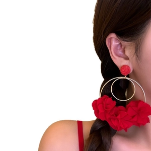 Elegant oversized red fabric flower hoop earrings shown on an Asian model profile