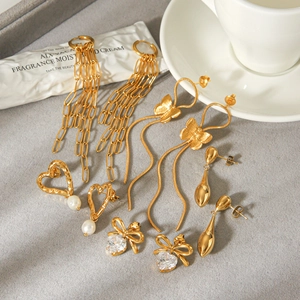 Damen Edelstahl Quaste Herz Sonne Schleife Ohrringe Strass Künstliche Perle Hängeohrringe Schmuck Für Party Geschenk