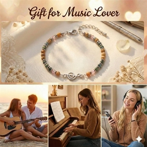 Beaded music bracelet with treble clef charm and African turquoise, perfect gift for musicians.