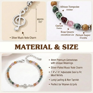 Detail infographic for gemstone beaded bracelet with music note charm and sizing info.