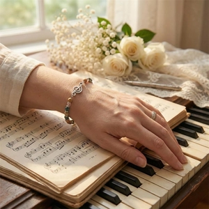 Beaded bracelet with G-clef pendant and turquoise stones shown on hand over piano