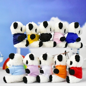 Collection of cute panda plush keychain charms wearing various vibrant colorful shirts