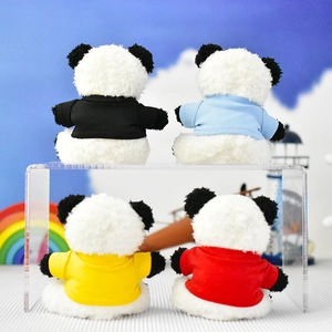Back view of cute panda plush charms wearing colorful t-shirts in red, yellow, and blue
