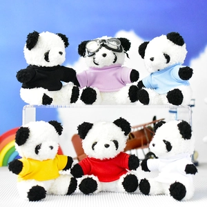 Six cute panda plush toy keychains wearing various colored t-shirts on a display stand