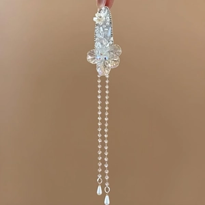 Elegant crystal flower hair clip with long sparkling bead tassels and pearl accents