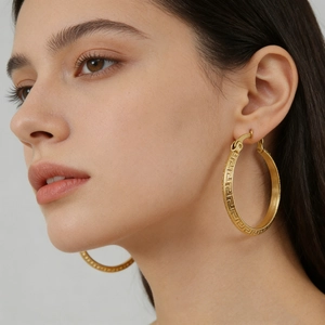 Pendientes de Aro de Acero Inoxidable Chapados en Oro de 18K para Mujer Joyas de Moda Geométricas con Patrón Greca Minimalista