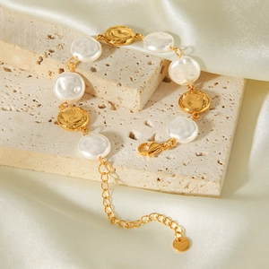 Vintage Gold Stainless Steel Artificial Pearl Bracelet For Women Baroque Style Metal Disc Chain Link Jewelry Accessory
