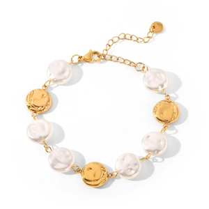 Detailed view of stainless steel bracelet featuring faux pearls and golden charms