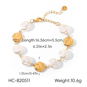 Detailed view of vintage stainless steel pearl bracelet with dimensions and weight info