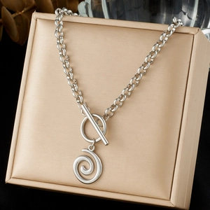 Silver-toned stainless steel chain necklace with OT buckle and spiral pendant detail