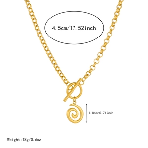 Detailed size chart of gold layered necklace with spiral pendant and toggle clasp