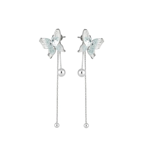 Silver butterfly tassel earrings with glass crystals and dangling pearls on white background