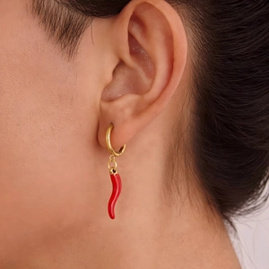Fashion 18K gold plated stainless steel hoop earrings with red chili pepper pendants