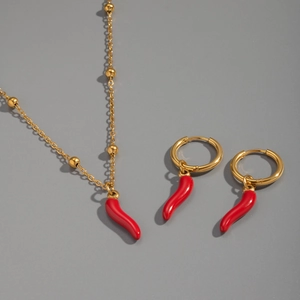 18K gold plated stainless steel necklace and earrings set with red enamel chili charms