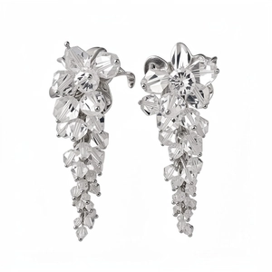 Elegant silver-tone flower earrings with cascading clear faceted glass bead tassels
