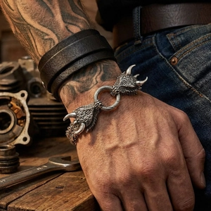 Vista dettagliata della fibbia a testa di drago su un bracciale in acciaio titanio.
