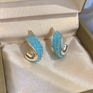 Detailansicht eleganter silberner Ohrringe mit hellblauen Kristallsteinen in Box