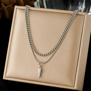 Double-layered silver stainless steel necklace with curb snake chain and cone pendant