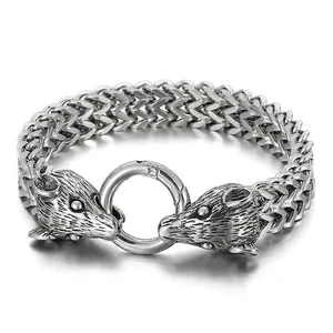 Men Braided Wheat Chain Bracelet Stainless Steel Vintage Punk Viking Zodiac Animal Head O-Ring Clasp Hip Hop Jewelry
