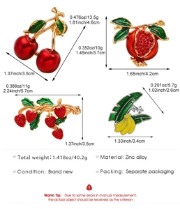 Detaillierte Größen- und Gewichtsangaben für das bunte Obst-Emaille-Broschen-Set