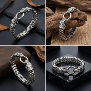 Detail of snake head clasp with woven metal mesh texture on a punk steel bracelet