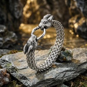 Macro shot of stainless steel woven bracelet with vintage double rabbit head clasp